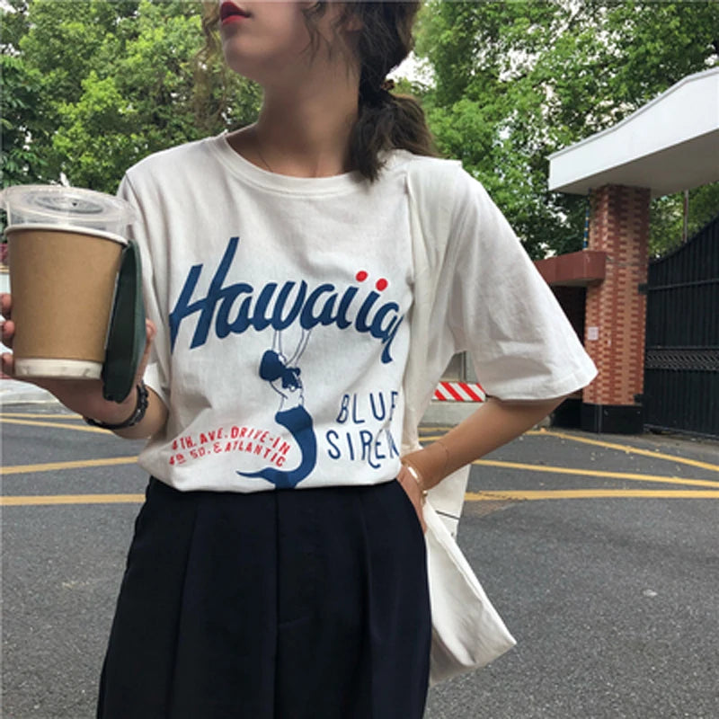 Hawaii Graphic Tee Women T-shirt Summer Loose Gift Top Shirts Printed Cartoon Holiday Couple Tshirts Harajuku