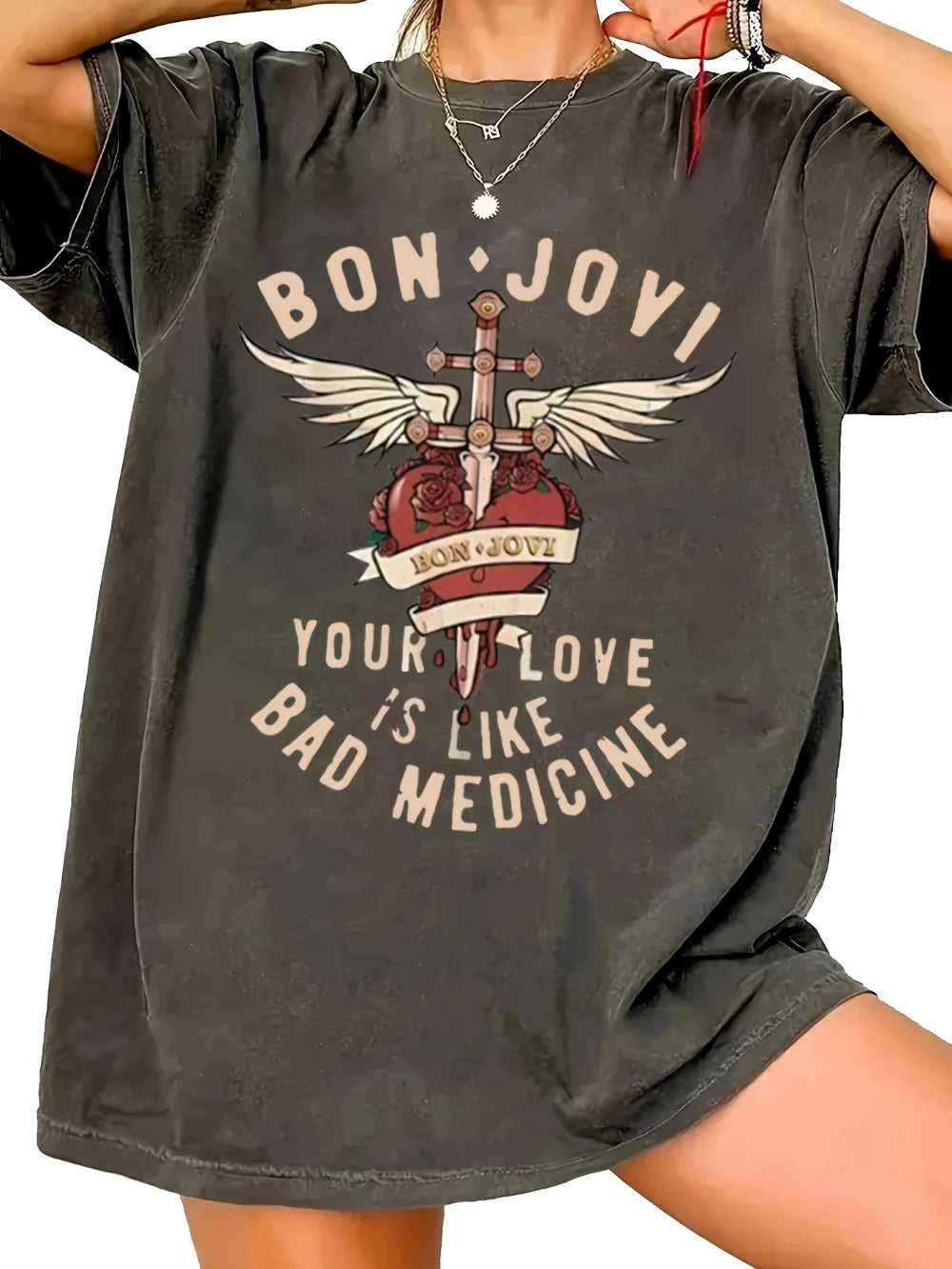 Women's Graphic Print T-Shirt Black Casual Short Sleeve Top Bon Jovi Your Love Bad Medicine Design Wings Roses Artwork