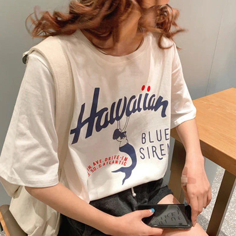Hawaii Graphic Tee Women T-shirt Summer Loose Gift Top Shirts Printed Cartoon Holiday Couple Tshirts Harajuku