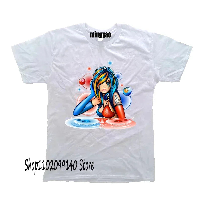 Retro Dj Headphones T Shirt Graphic Streetwear Short Sleeve O-Neck Harajuku Music Techno T-shirt Funny Men Clothing for Ladies