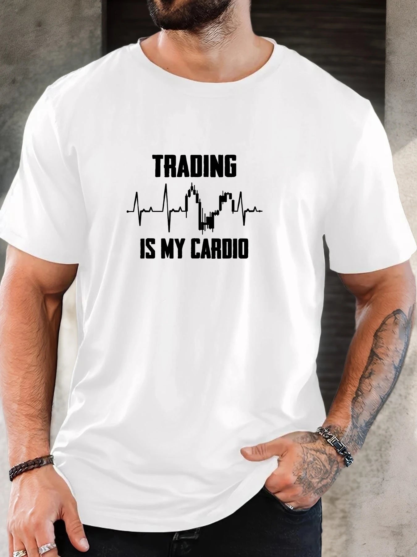 Men's T-Shirt 2025 New Arrival Witty Trading Theme Graphic “TRADING IS MY CARDIO” Chart Print Stylish Top Daily Casual