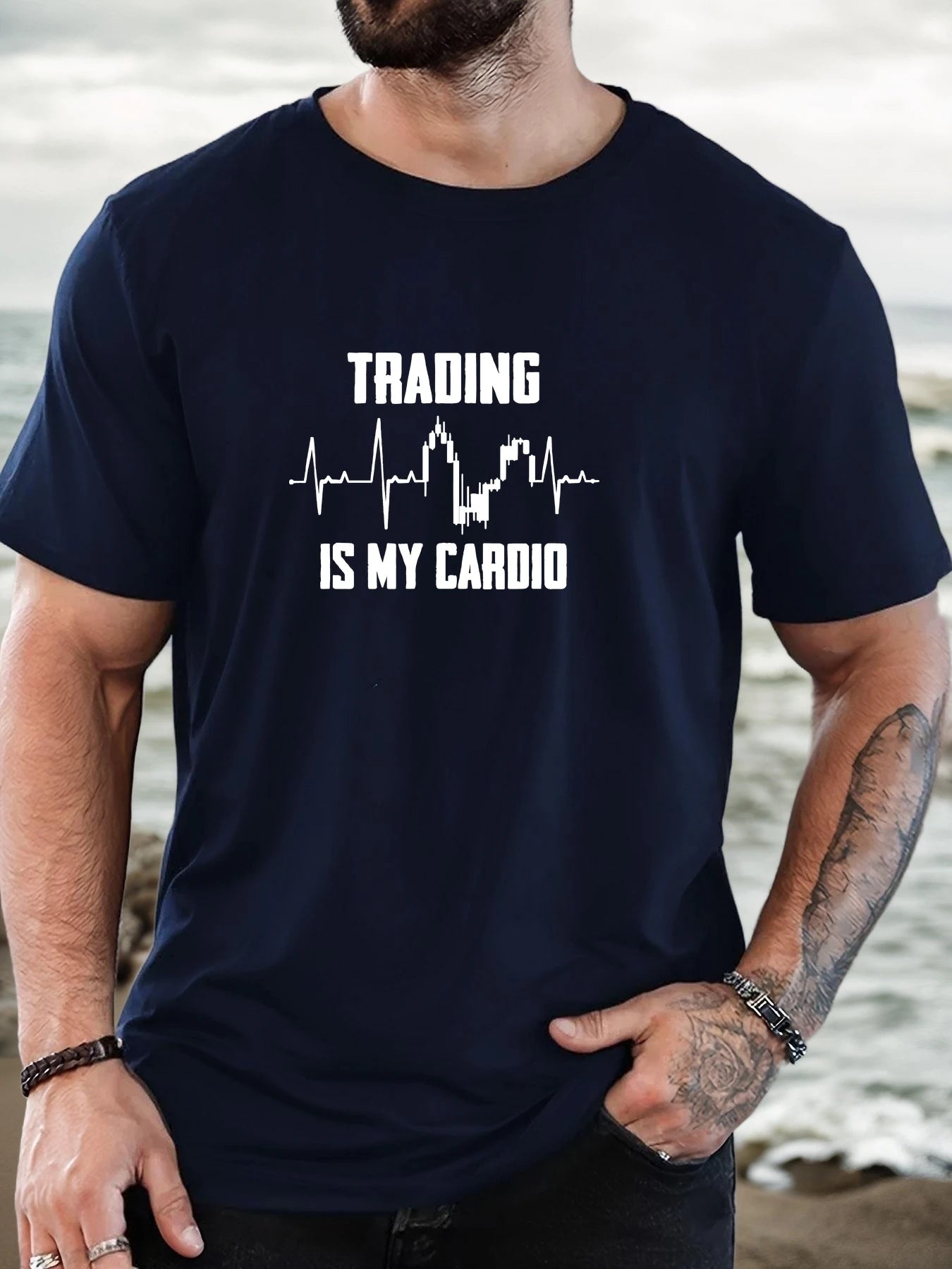 Men's T-Shirt 2025 New Arrival Witty Trading Theme Graphic “TRADING IS MY CARDIO” Chart Print Stylish Top Daily Casual