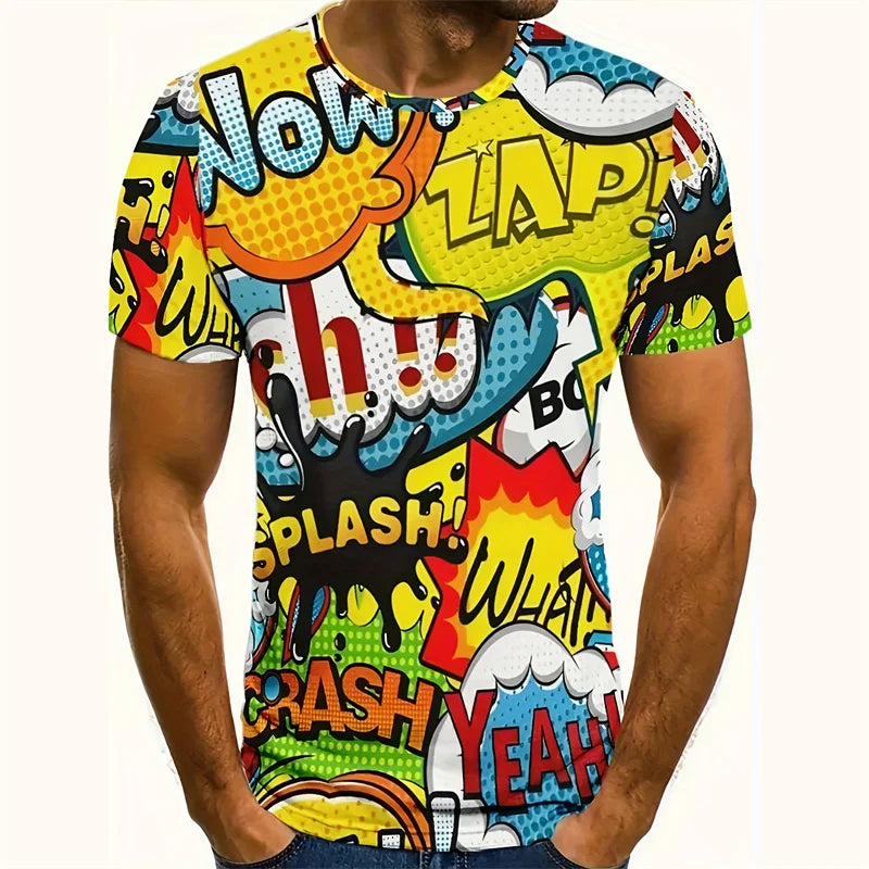 Trendy Text Graffiti Graphic T-Shirt Men Cartoon T Shirt Summer Tops Round Neck T Shirts Hip Hop Street Short Sleeves Menswear
