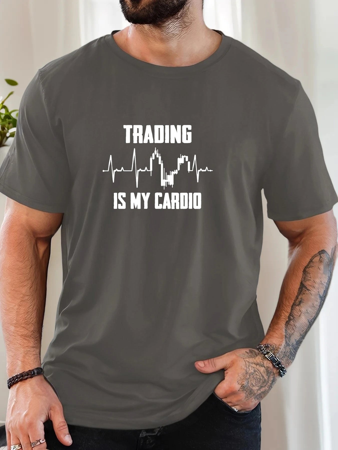 Men's T-Shirt 2025 New Arrival Witty Trading Theme Graphic “TRADING IS MY CARDIO” Chart Print Stylish Top Daily Casual