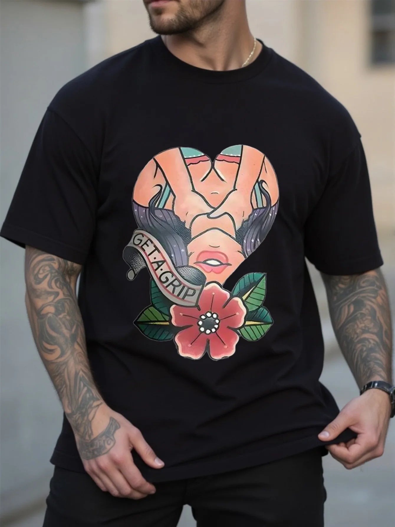 Men's Black Graphic T-Shirt - Bold Lips & Grip Text in Heart Design Everyday Casual Streetwear Tee for Parties & Outings Men Tee