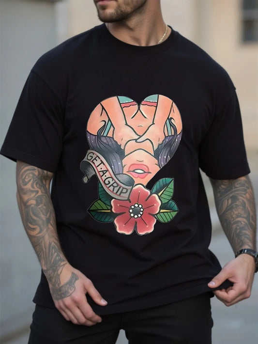 Men's Black Graphic T-Shirt - Bold Lips & Grip Text in Heart Design Everyday Casual Streetwear Tee for Parties & Outings Men Tee