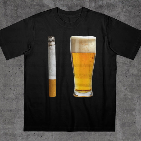 Beer and Cigarette Graphic Funny Shirt Funny Party Shirt Silly Internet Meme Graphic Shirt Men's and Women's Cotton T-shirt