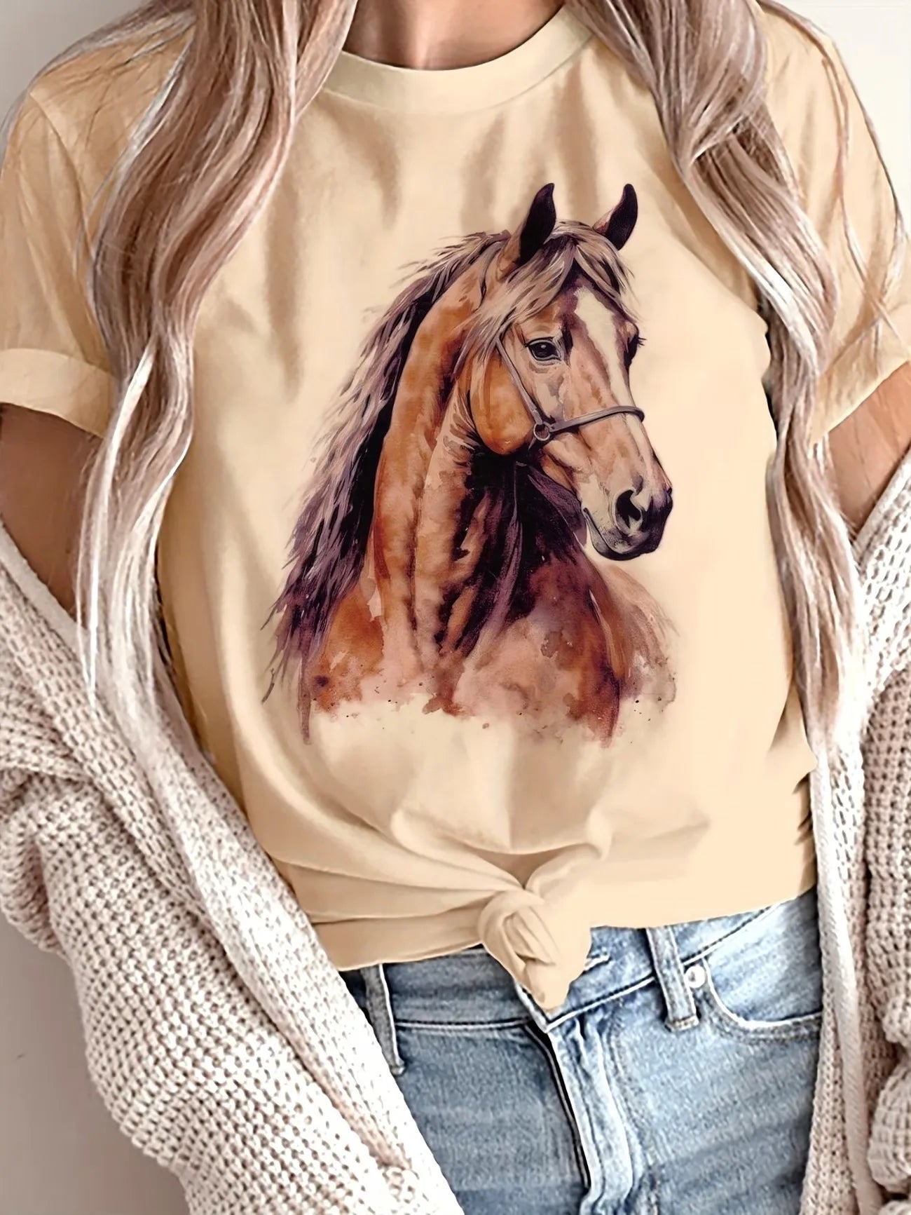 Graphic Vintage Female T Shirt Painting of A Horse Graphic Pattern Printed Casual Round Neck T-Shirt Women Clthing