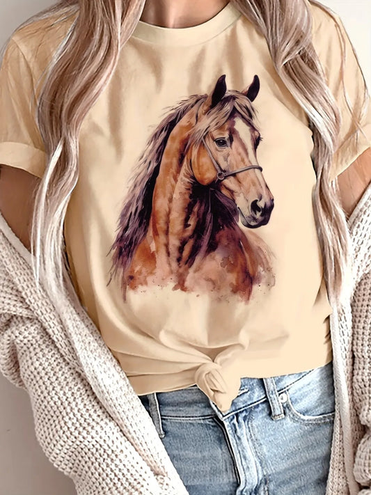 Graphic Vintage Female T Shirt Painting of A Horse Graphic Pattern Printed Casual Round Neck T-Shirt Women Clthing