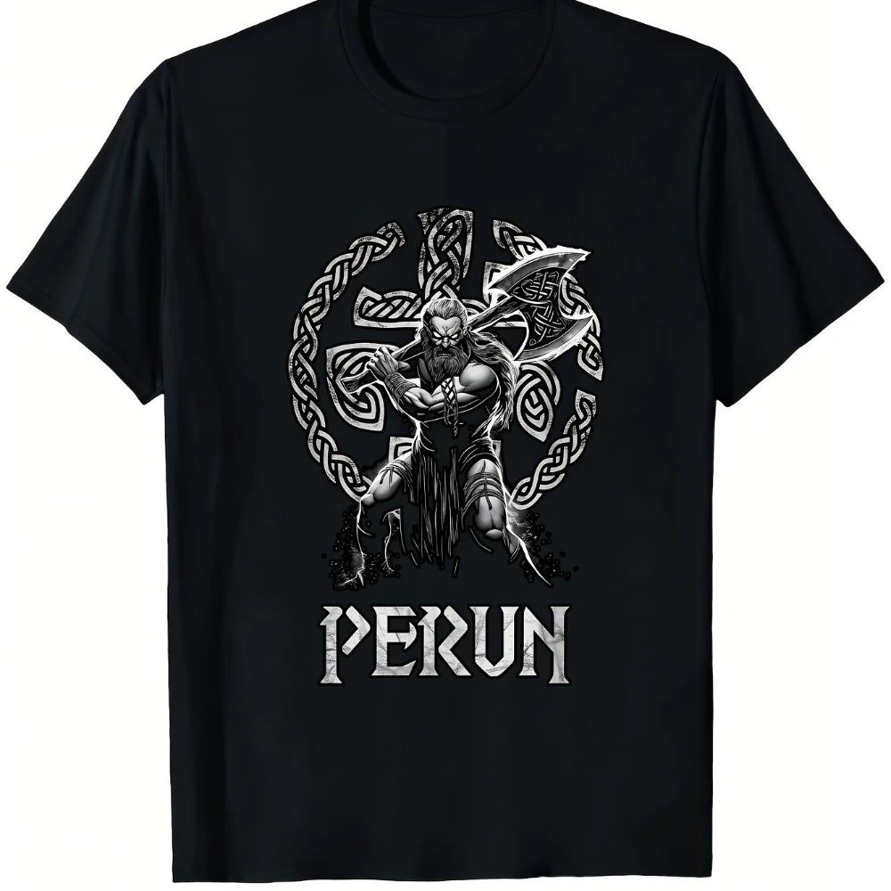 Graphic T-Shirt Featuring Perun From Slavic Mythology Designed in Black White Mythical Artwork It Has Regular Fit Short Sleeves
