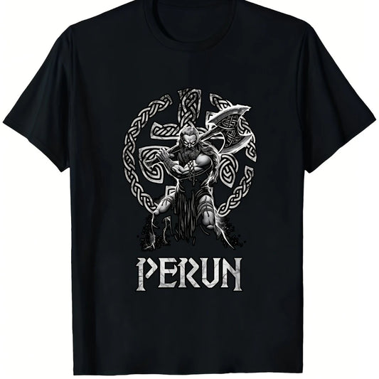 Graphic T-Shirt Featuring Perun From Slavic Mythology Designed in Black White Mythical Artwork It Has Regular Fit Short Sleeves