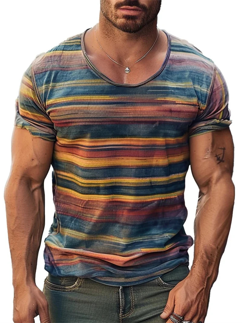 Retro Stripe Graphic T Shirts for Men Fashion Summer Short Sleeve 3D Printed T-shirts Trend Streetwear Oversized Pullovers Tees