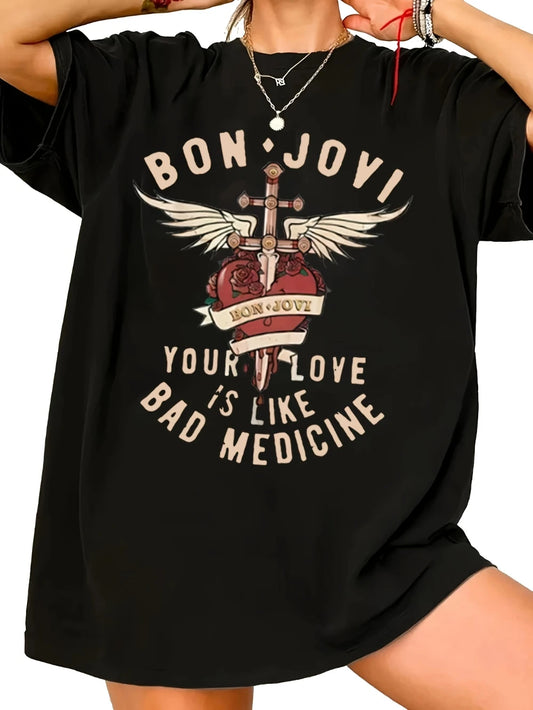 Women's Graphic Print T-Shirt Black Casual Short Sleeve Top Bon Jovi Your Love Bad Medicine Design Wings Roses Artwork