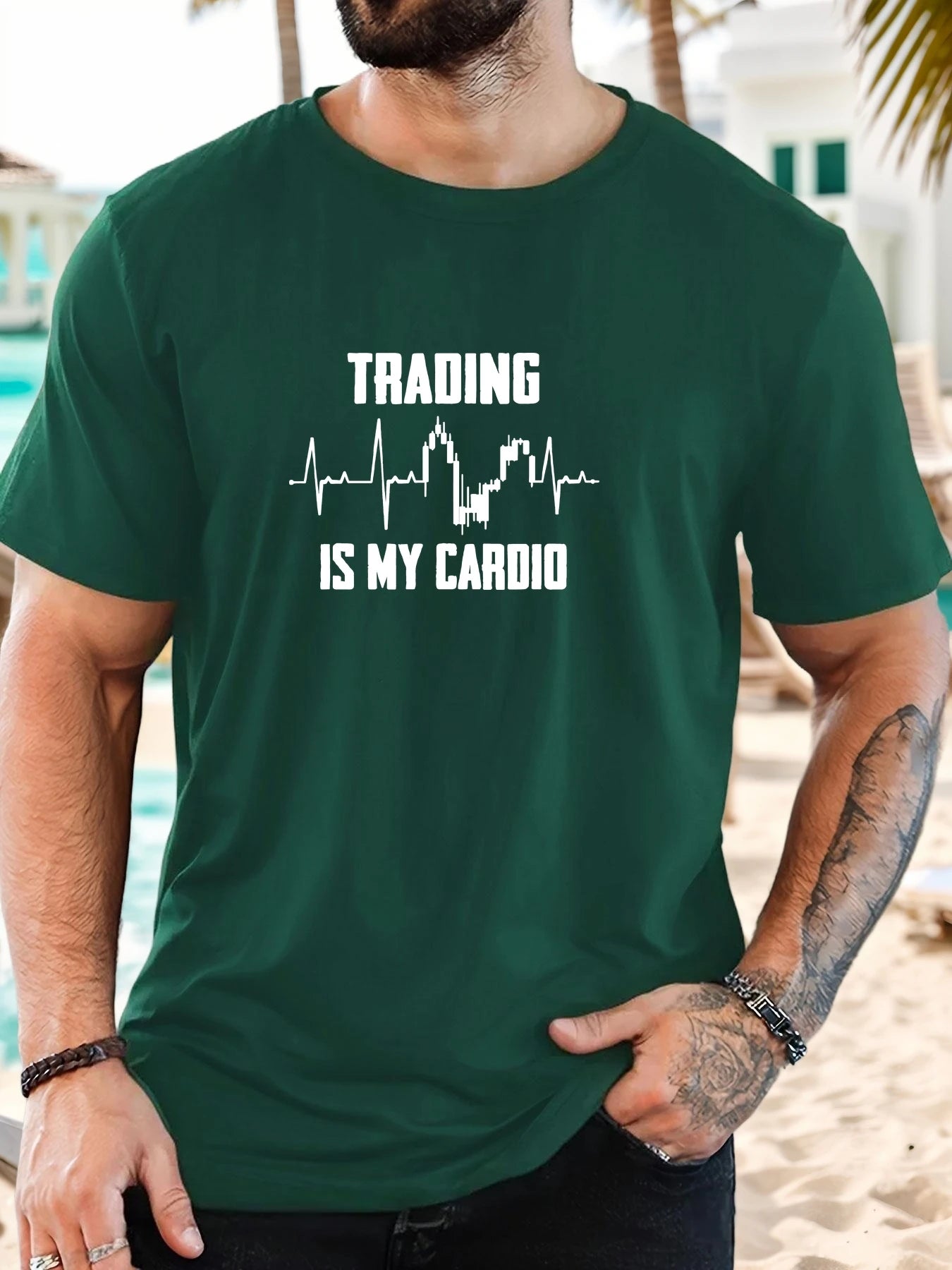 Men's T-Shirt 2025 New Arrival Witty Trading Theme Graphic “TRADING IS MY CARDIO” Chart Print Stylish Top Daily Casual