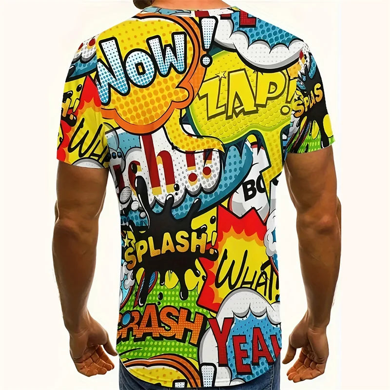 Trendy Text Graffiti Graphic T-Shirt Men Cartoon T Shirt Summer Tops Round Neck T Shirts Hip Hop Street Short Sleeves Menswear