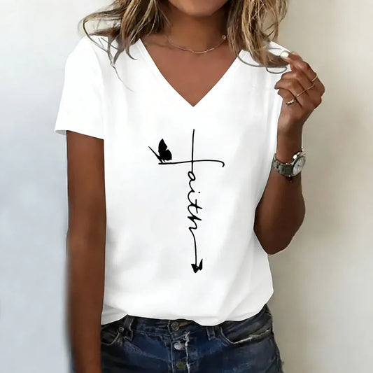 Graphic T-shirt V Neck Casual Fashion Y2k Lovely Printed T Shirts Women Short Sleeve Tee Shirt V-Neck Summer Spring