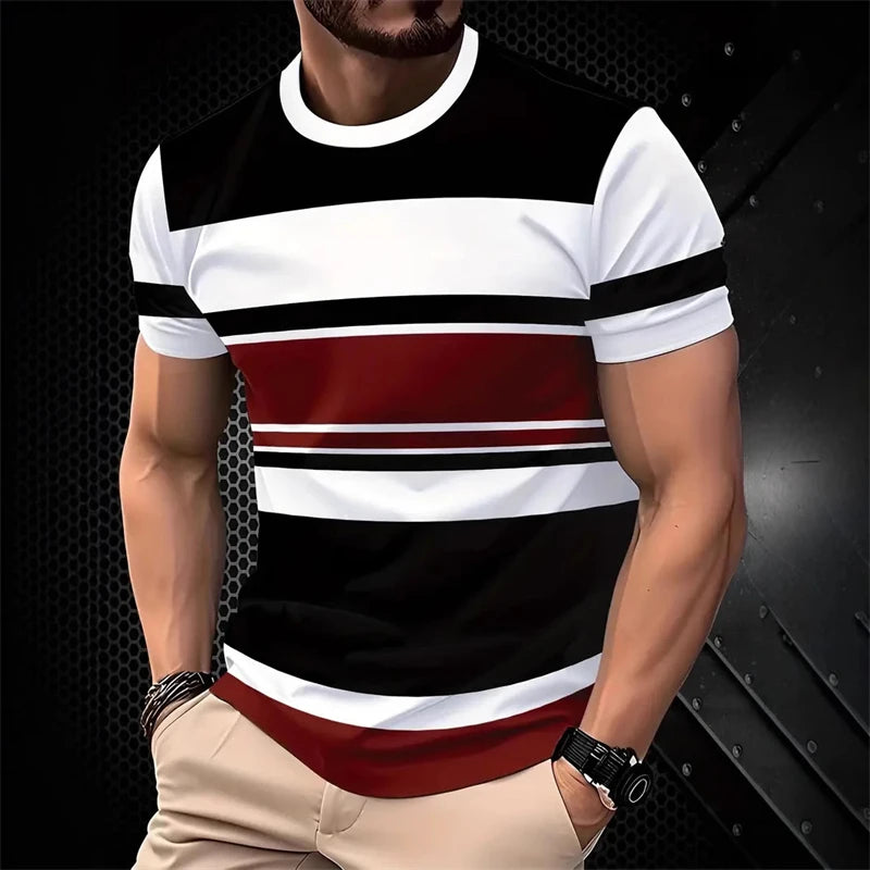 2026 New Striped Graphic T Shirts For Men Summer Fashion Short Sleeve 3D Printed T-shirts Casual Oversized Business Tees Tops