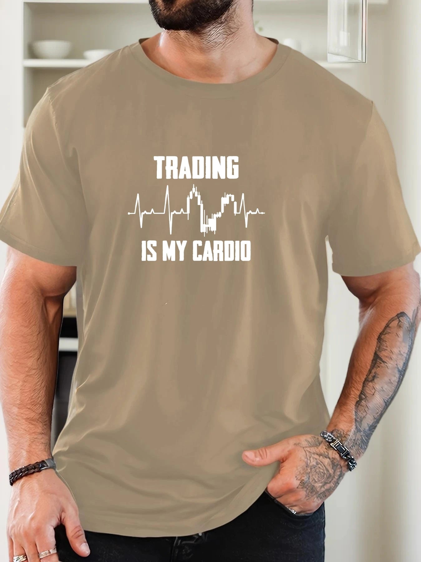 Men's T-Shirt 2025 New Arrival Witty Trading Theme Graphic “TRADING IS MY CARDIO” Chart Print Stylish Top Daily Casual