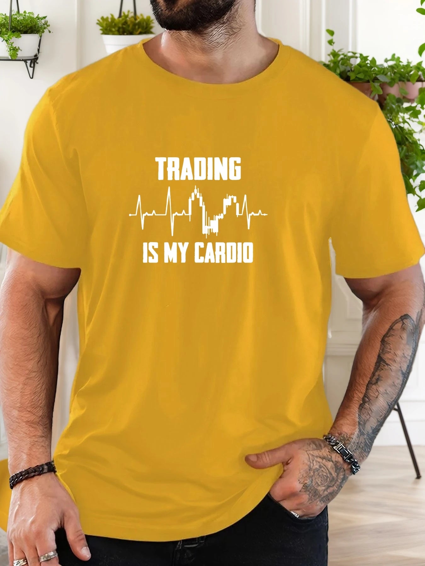 Men's T-Shirt 2025 New Arrival Witty Trading Theme Graphic “TRADING IS MY CARDIO” Chart Print Stylish Top Daily Casual
