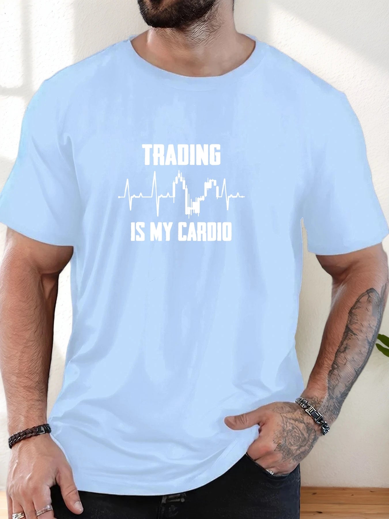 Men's T-Shirt 2025 New Arrival Witty Trading Theme Graphic “TRADING IS MY CARDIO” Chart Print Stylish Top Daily Casual