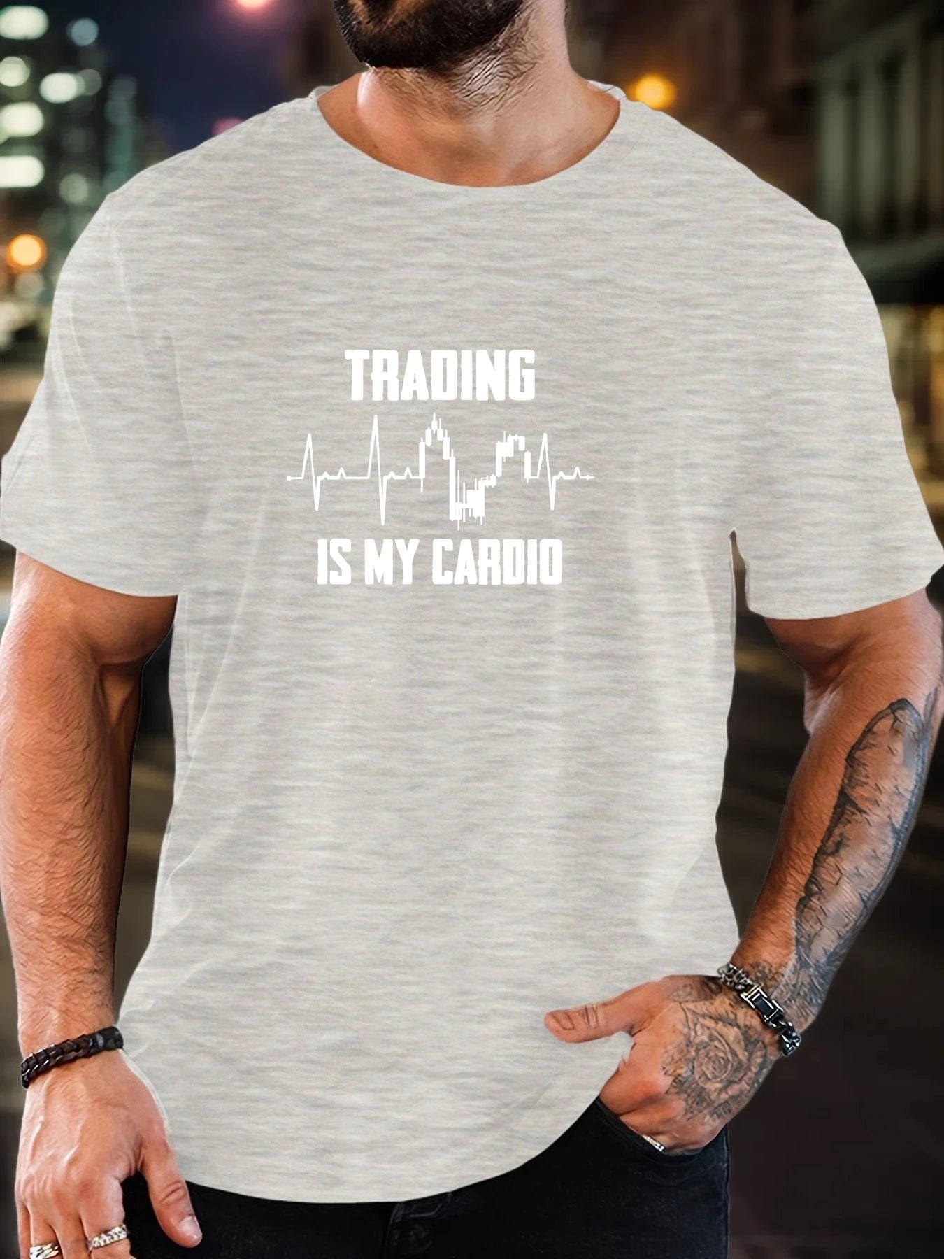 Men's T-Shirt 2025 New Arrival Witty Trading Theme Graphic “TRADING IS MY CARDIO” Chart Print Stylish Top Daily Casual